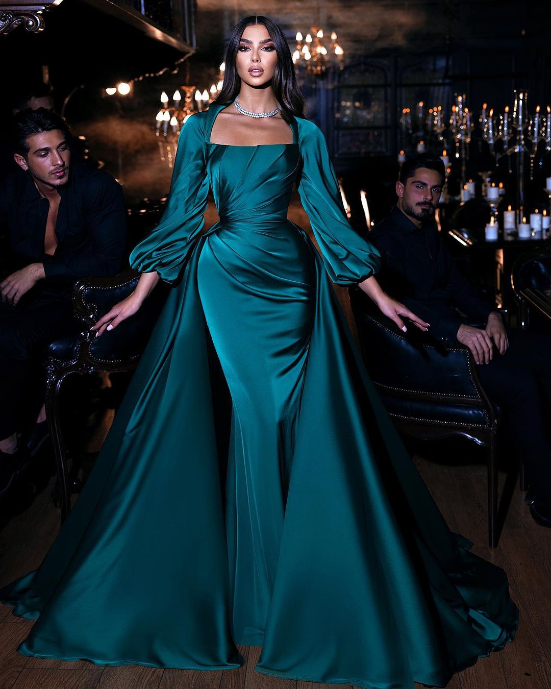 Classy Green Square Neck Long Sleeve Mermaid Prom Dresses with Train