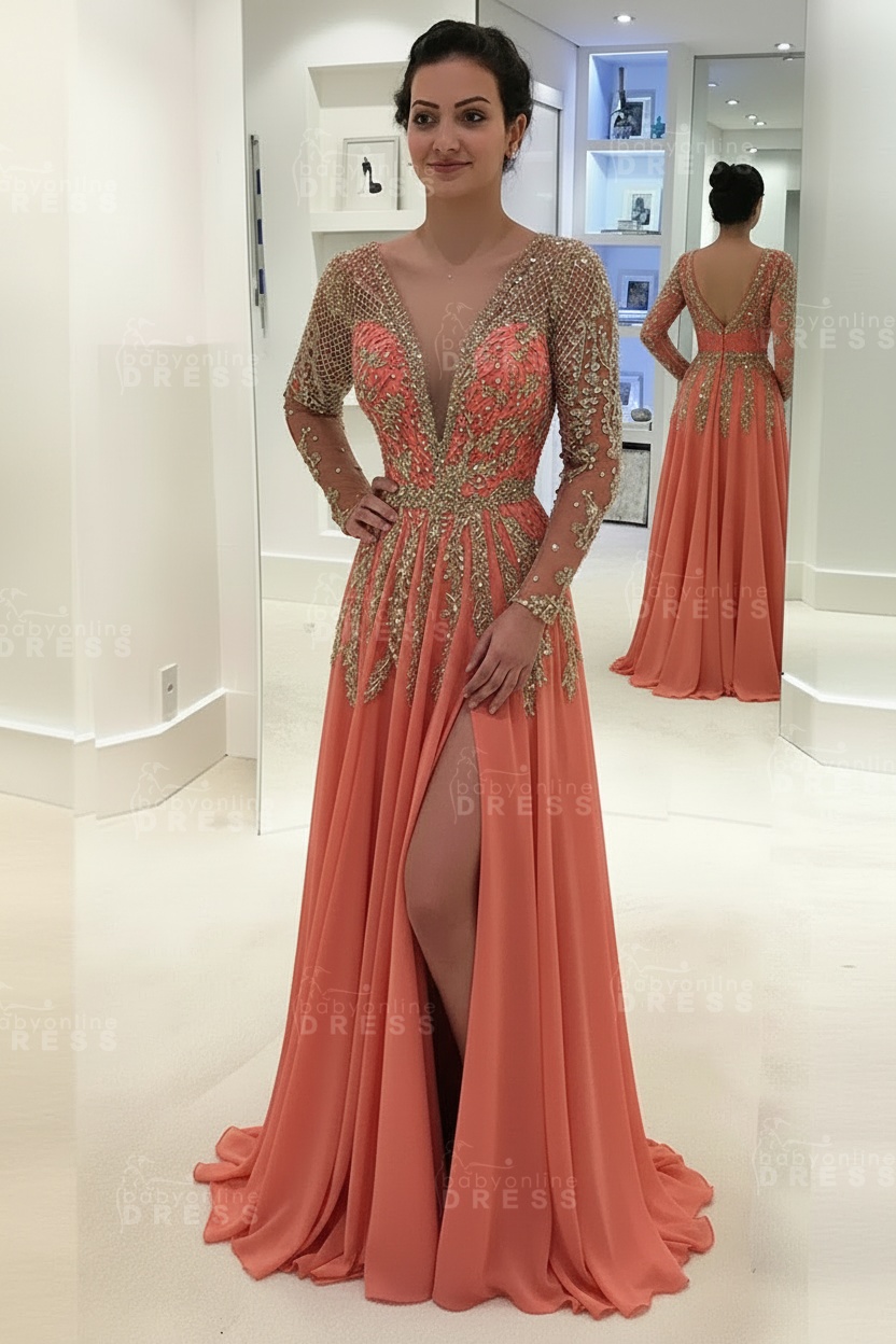 Glamorous V-Neck Long Sleeves Prom Dresses | A-line Crystal Side Slit Evening Gowns