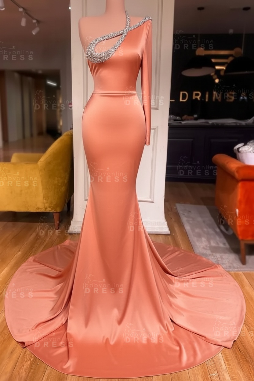 Long sleeves Beaded neckline Black Mermaid Prom Dresses