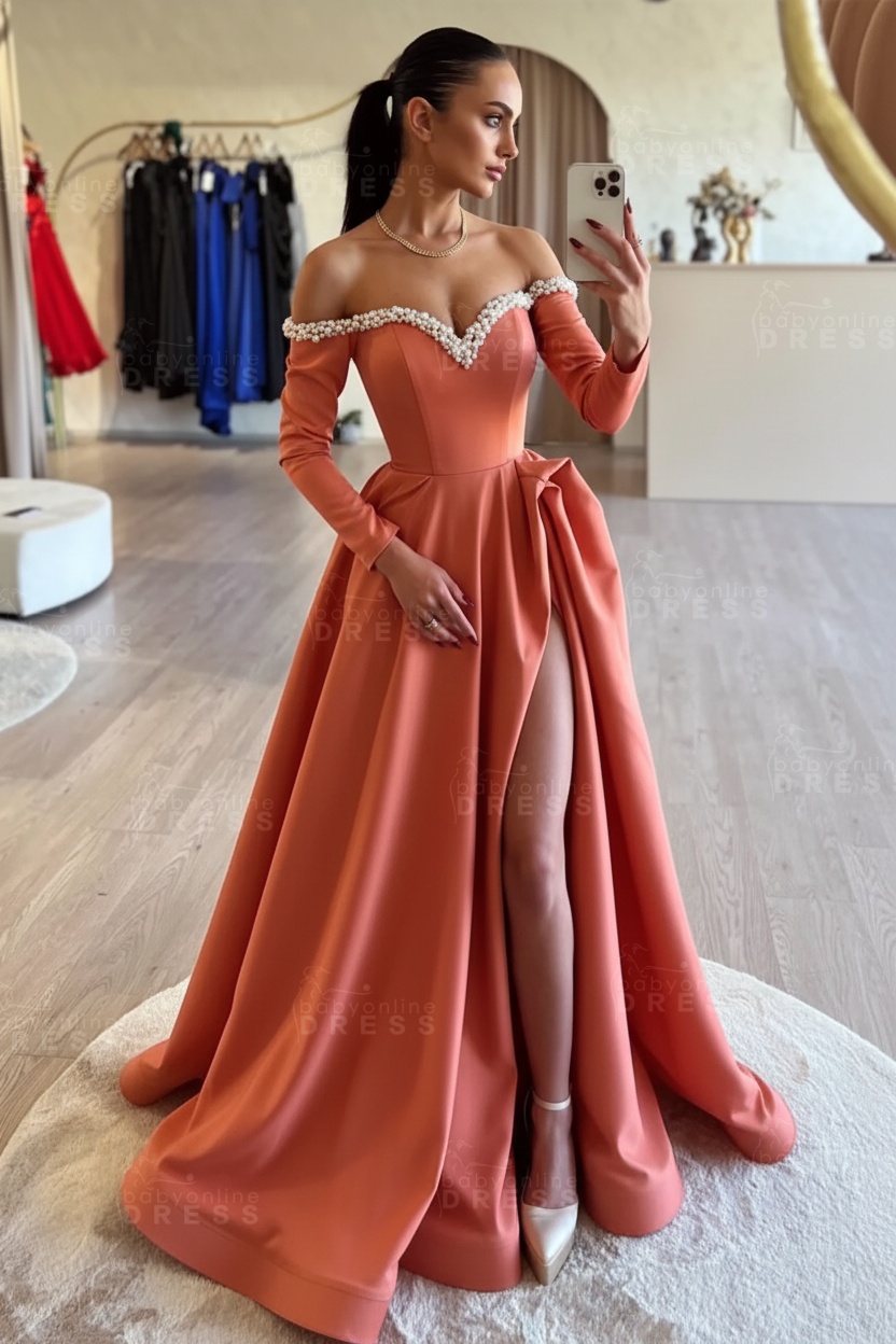 Long sleeves Pearls A-line Princess Front Split Black Prom Dresses