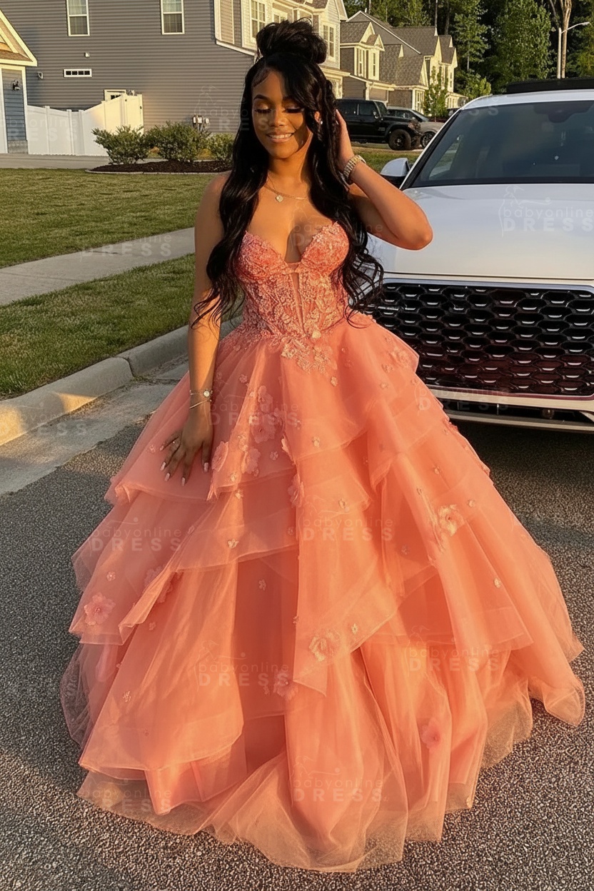 Sleeveless V-Neck Tulle Aline Prom Dress Floral Tiered Ruffles Corset Evening Dress