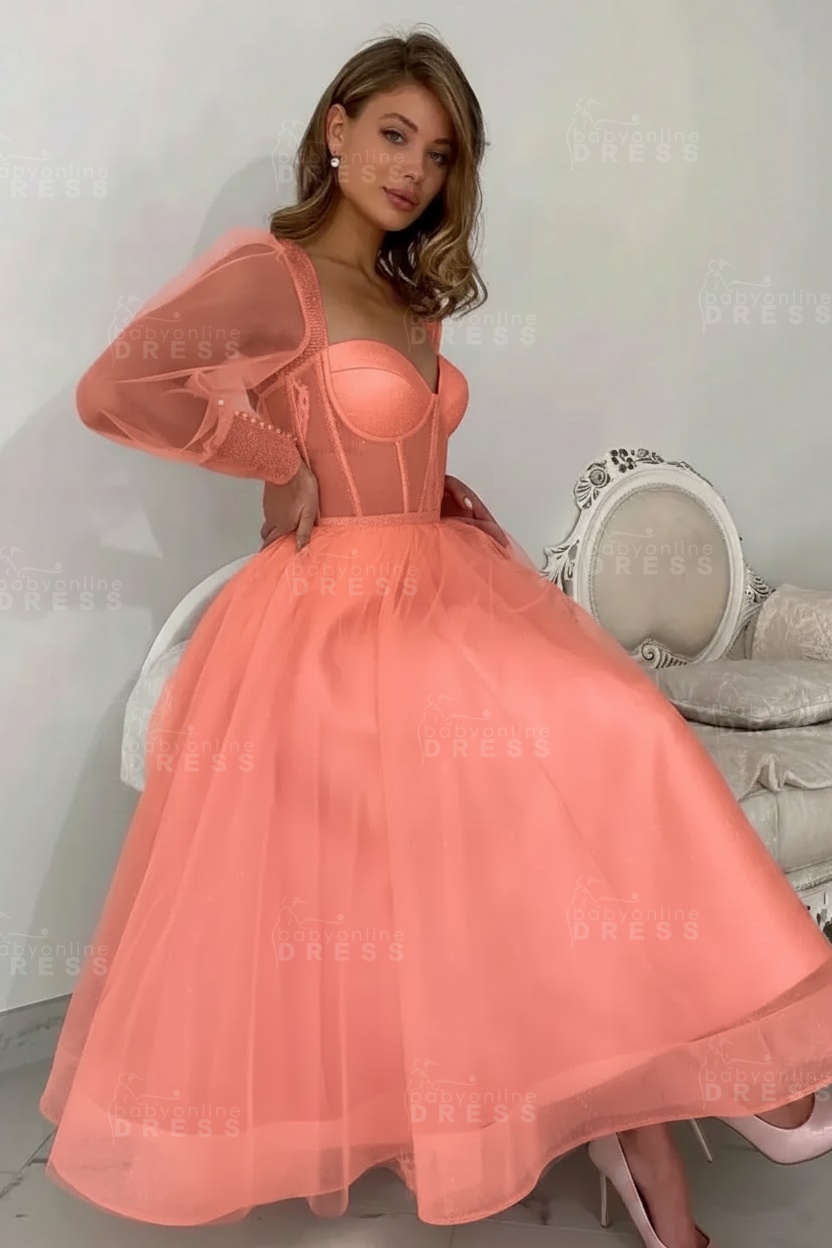 Long sleeves Pink See through Tulle Homecoming Dresses Aline