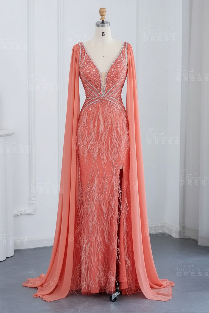 Glamorous V-Neck Fur Beadings Front Slit Mermaid Evening Gowns with Tulle with Cape Sleeves Wedding Party Dress
