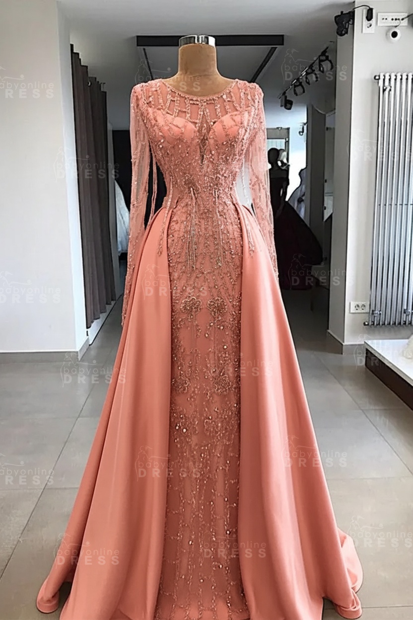 Shining Beaded Long Sleeves Round Neck Prom Dresses With Over Skirt | A Line Evening Gowns
