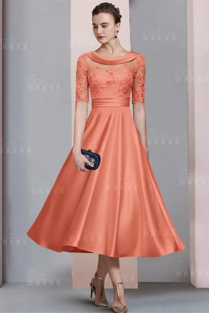 Elegant Ivory Jewel Lace Beading A-Line Tea Length Satin Wedding Guest Dress Formal Mother Dress