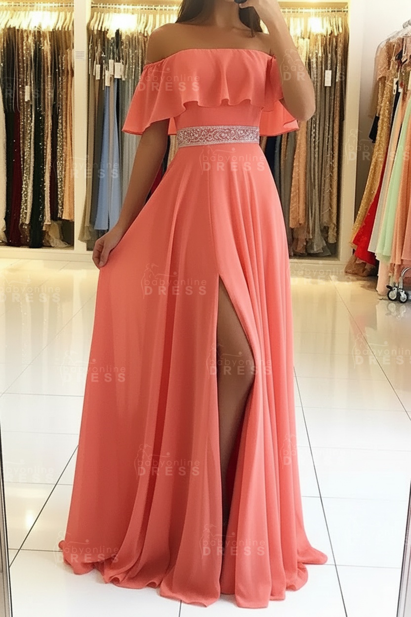Sky Blue Off The Shoulder Evening Dresses Sexy | Chiffon Side Slit Prom Dress with Crystals Belt