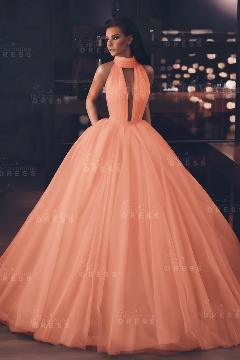 Sexy High-Neck Sleeveless Ball Gown Evening Dress with Pockets