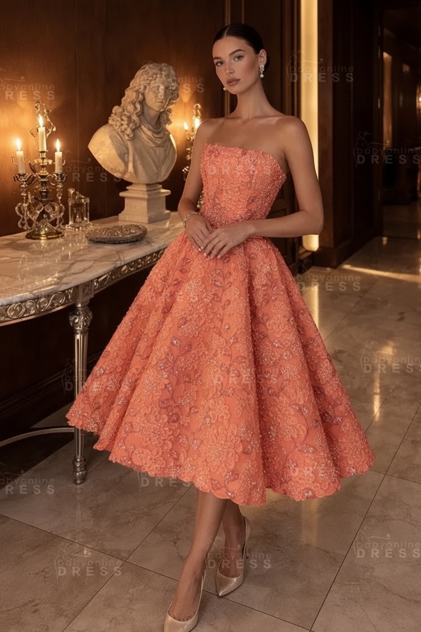 Strapless Yellow Floral A-Line Tea Length Prom Dress with Beadings