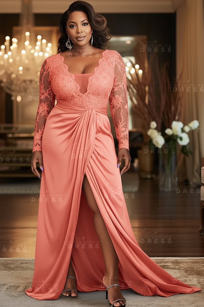 V-neck Appliques Lace Long Sleeve A-Line Prom Dresses with Slit