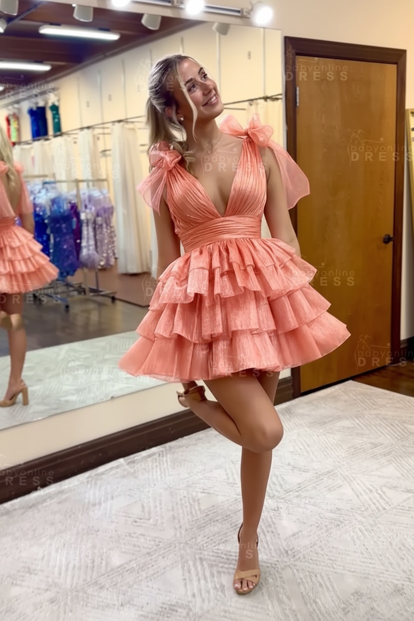 Fuchsia V-Neck Straps Ruffled A-Line Short Homecoming Dress