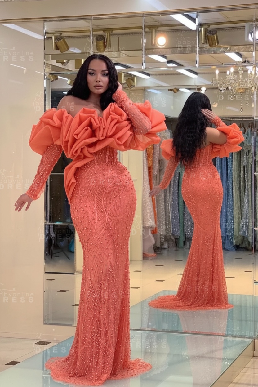 Bubble Sleeves Long Mermaid Prom Dress with Sequins and Beadings