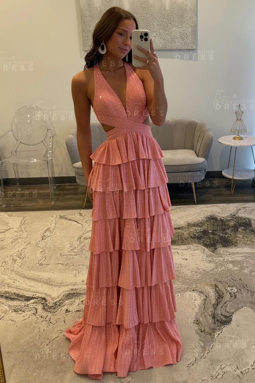 Halter Aline Prom Dress Sequined V-Neck High Split Evening Dress Long