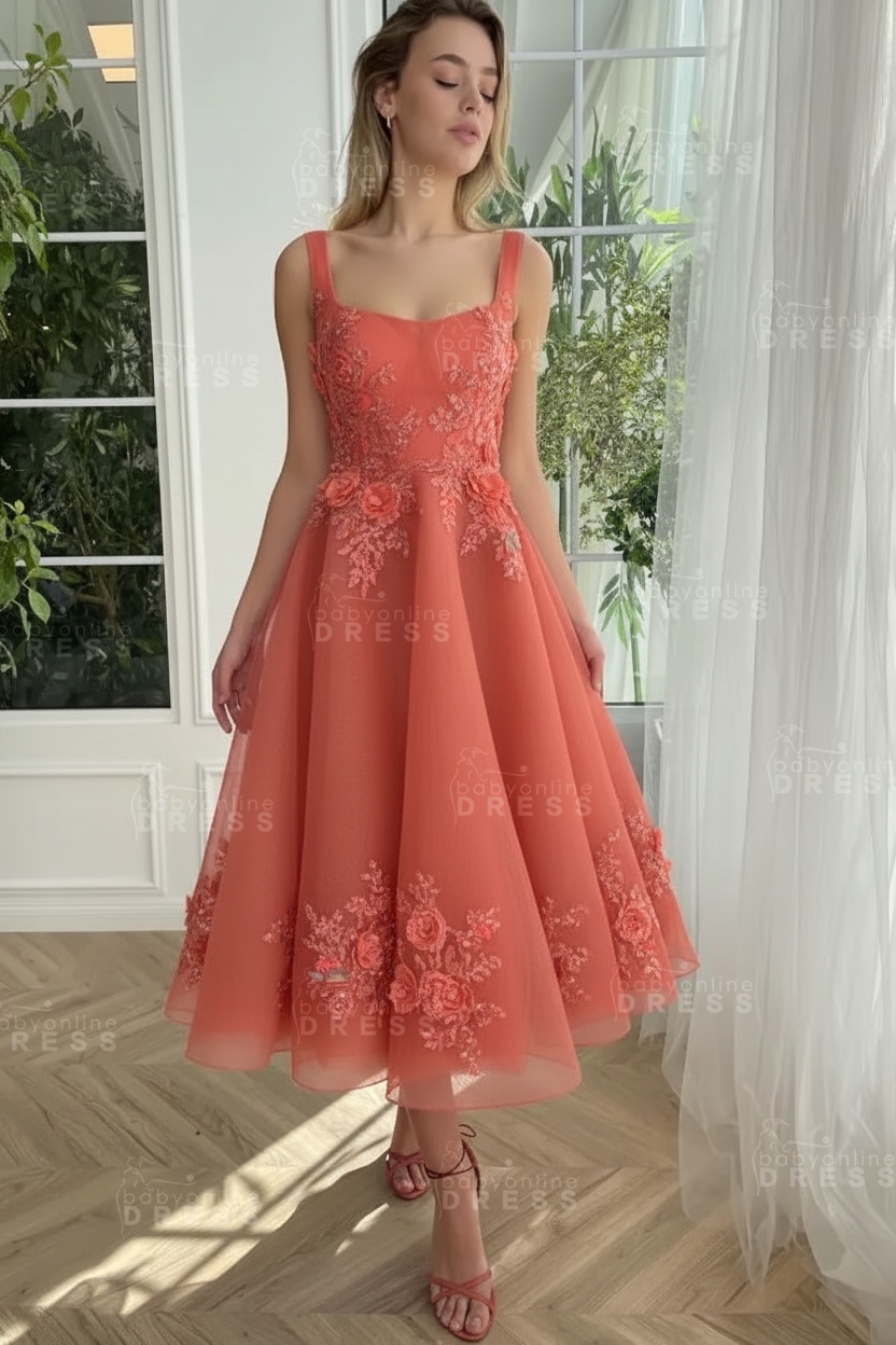 Burgundy Ankle length square neck Homecoming Dress Tulle Aline Formal Dress