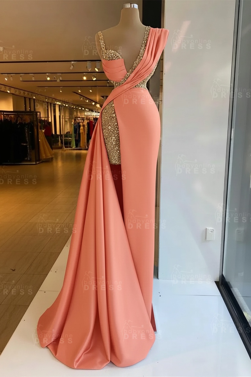 Luxury Satin Prom Dress Sleeveless with Sequins Sleeveless Evening Gown