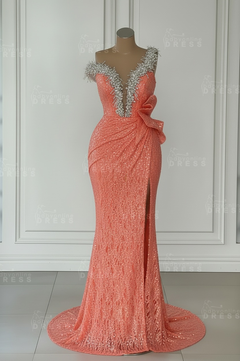 One Shoulder Sequins Sleeveless Long Mermaid Prom Dress