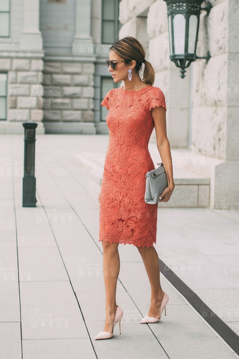 Lace Blush Pink Formal Dresses Knee Length Wedding Party Dress Prom Dress
