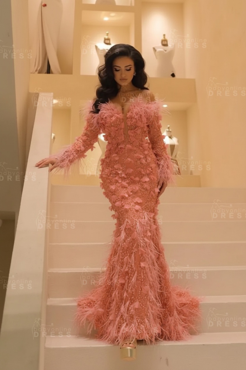 V-neck Long Sleeves Mermaid Evening Dresses Floor Length with Flowers
