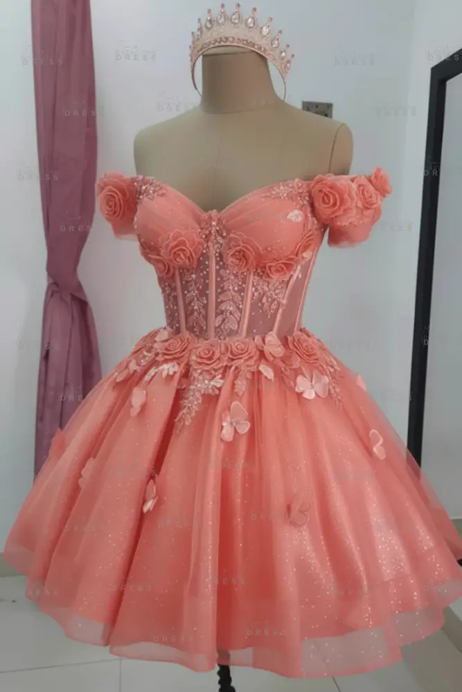 Coral Sparkly Off Shoulder Tulle Homecoming Dresses Short