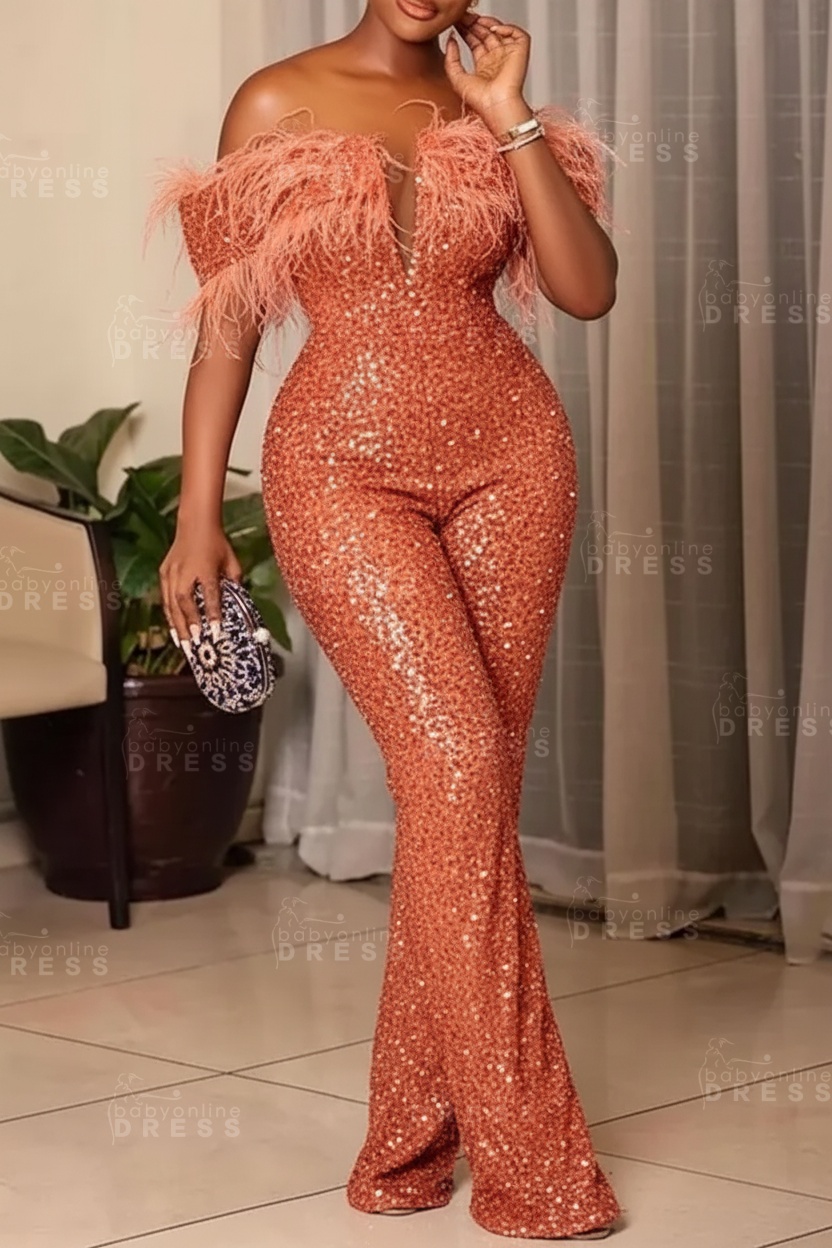 Plus Size Off Shoulder Sequin Women Jumpsuit Black Long Party Jumpsuits