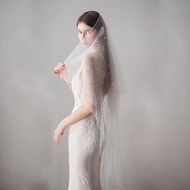 1.2M One Layer Ivory Pearl Beaded Soft Wedding Veils | Babyonlinewholesale - wedding veils