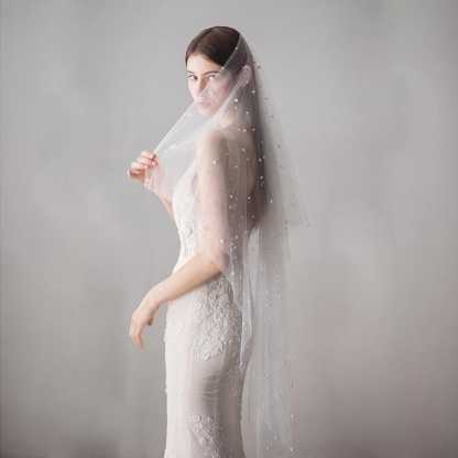 1.2M One Layer Ivory Pearl Beaded Soft Wedding Veils | Babyonlinewholesale - wedding veils