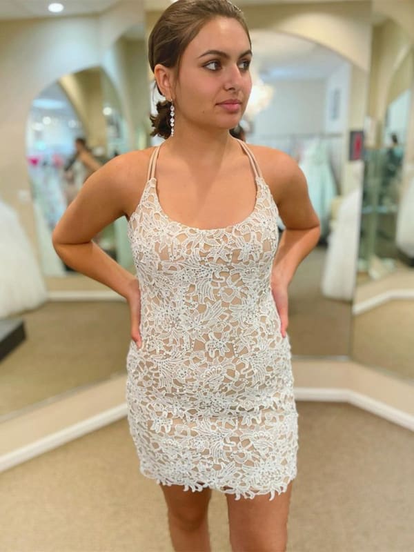 Cute Short Champagne Lace Homecoming Dresses Spaghetti Straps-Babyonlinewholesale