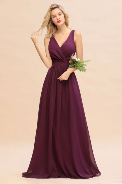 V-Neck A-line Evening Maxi Dress Sleeveless Chiffon Bridesmaid Dress