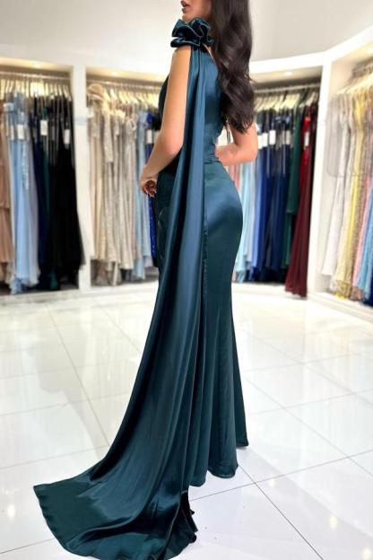 One shoulder Ink Blue Flowers High split Prom Dress