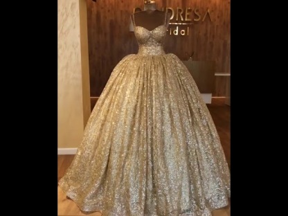 Spaghetti Straps Gold Beaded Lace Evening Dress | Luxury Ball Gown Princess Open Back Prom Dress