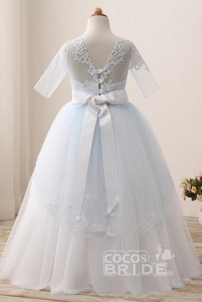 Half Sleeves Princess Tulle Pegant Dress for Kids with White Lace Appliques