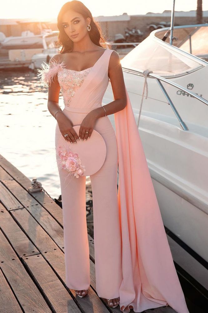 Sweetheart Sheath Evening Dress Sleeveless Slim Jumpsuit Beaded Feather Floor Length Party Gowns with Cape-Babyonlinewholesale