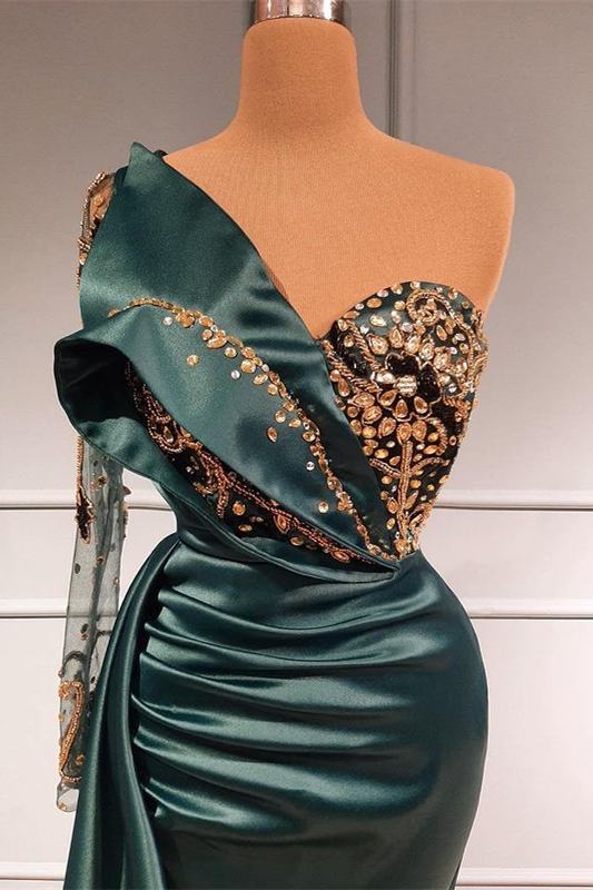 One shoulder Dark Green Satin One shoulder Prom Dresses