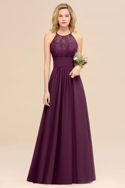 Purple Elegant Halter Hollow Lace Aline Maid of Honor Dress Floor Length Chiffon Bridesmaid Dress