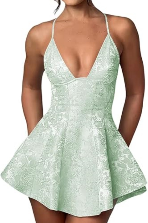 Simple Halter Short Satin Homecoming Dress Jacquard Mini Party Dress with Cross Straps