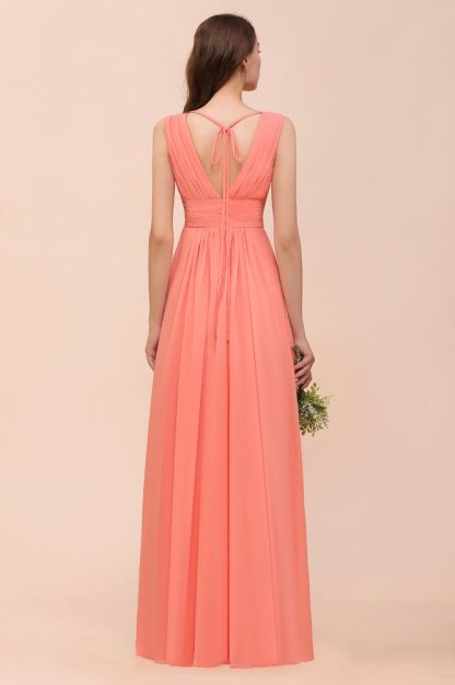 Coral V-Neck Aline Bridesmaid Dress Sleeveless Wedding Guest Dress