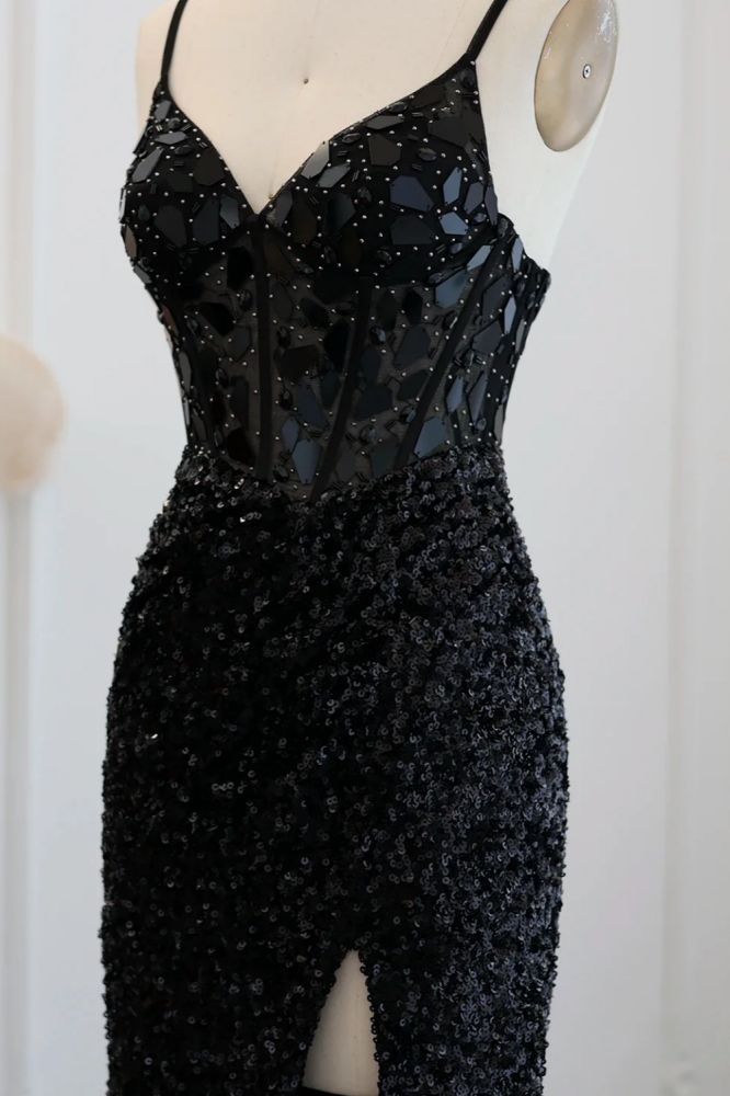 Sexy Spaghetti Straps Sequin Mermaid Prom Evening Dresses Black Long Party Gowns with Side Slit