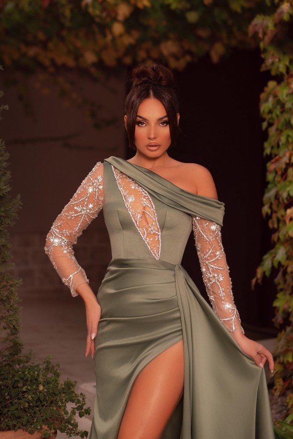 Chic One Shoulder Long Sleeves Front Slit Satin Prom Dress