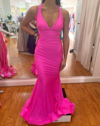 Halter Satin Mermaid Ruffles Long Prom Dress