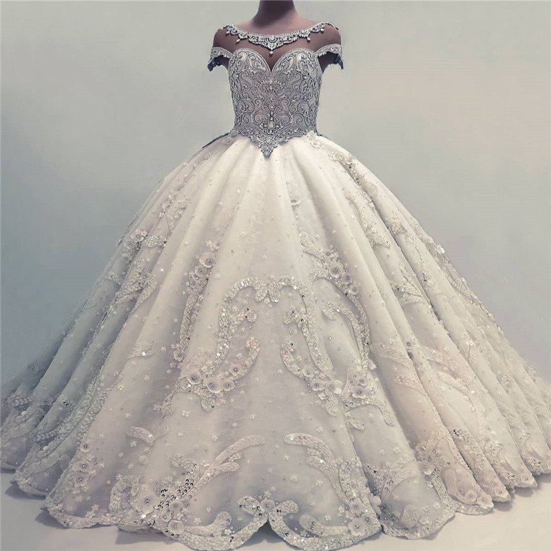 Luxury Ball Gown Wedding Dresses | Shiny Crystals Bridal Gowns with Flowers