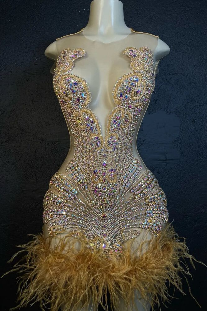 Silver Cap sleeves Mermaid Beaded Feathers Prom Dresses