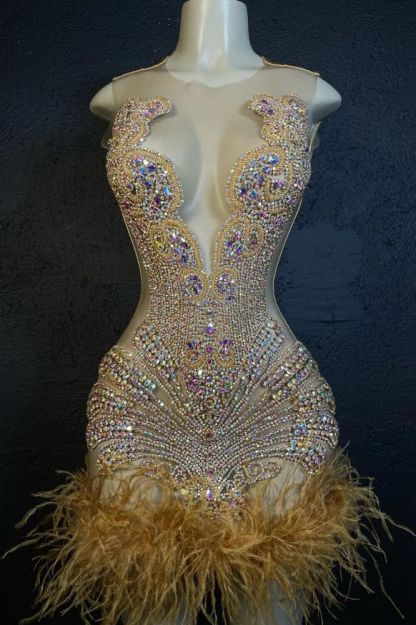 Silver Cap sleeves Mermaid Beaded Feathers Prom Dresses