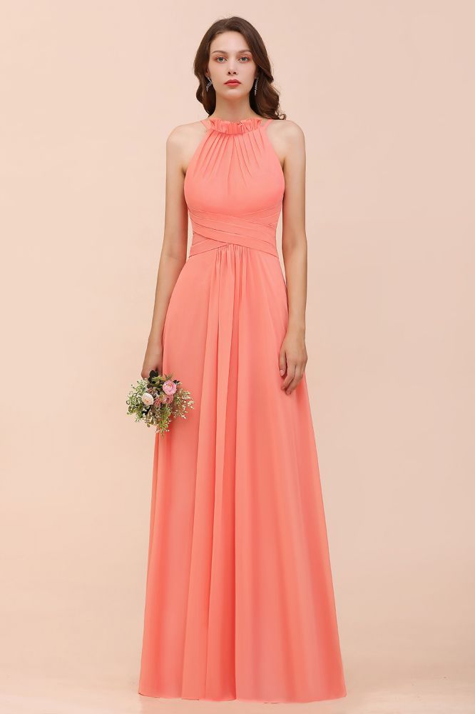 Sexy Coral Wrinkles Chiffon Long bridesmaid Dress Sleeveless Aline Wedding Guest Dress