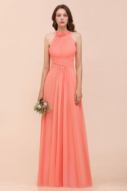 Sexy Coral Wrinkles Chiffon Long bridesmaid Dress Sleeveless Aline Wedding Guest Dress