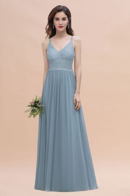 Aline Bridesmaid Dress Sleeveless V-Neck Lace Chiffon Long Evening Dress