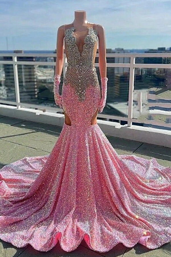 Silver beaded Mermaid Pink Sequin Prom Dresses