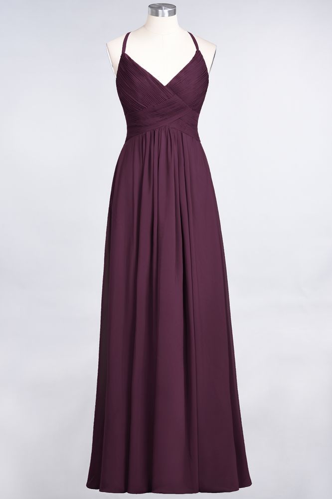 Chiffon A-Line Spaghetti-Straps V-Neck Sleeveless Long Bridesmaid Dress with Ruffles