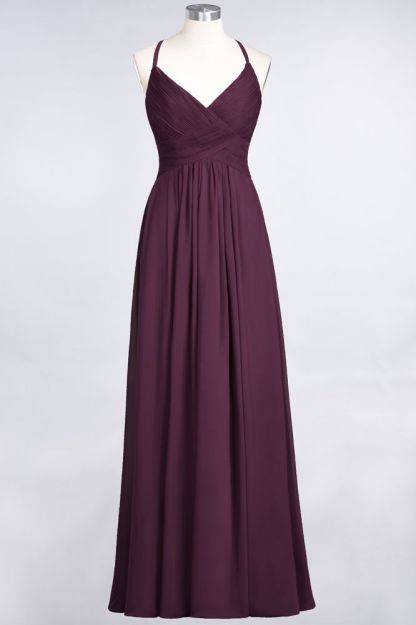 Chiffon A-Line Spaghetti-Straps V-Neck Sleeveless Long Bridesmaid Dress with Ruffles