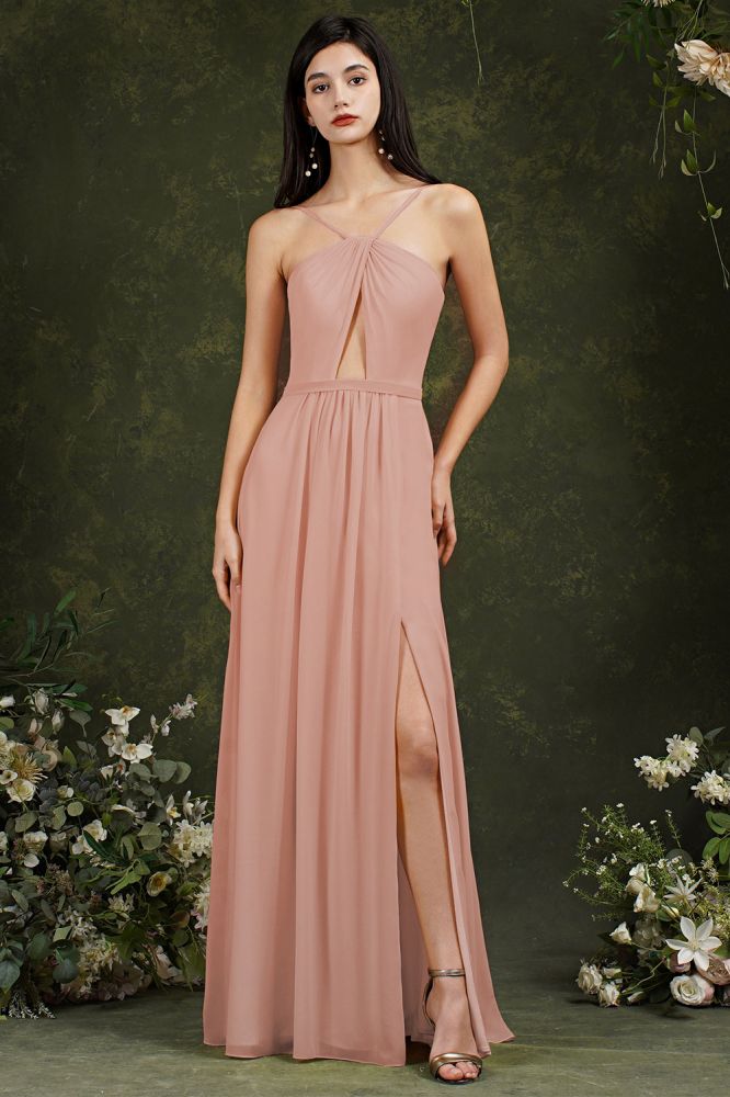 Chiffon Halter Spaghetti Straps A-Line Split Ruffles Bridesmaid Dress With Pockets