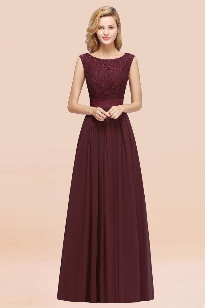 A-line Chiffon Lace Jewel Sleeveless Ruffles Floor-length Bridesmaid Dress