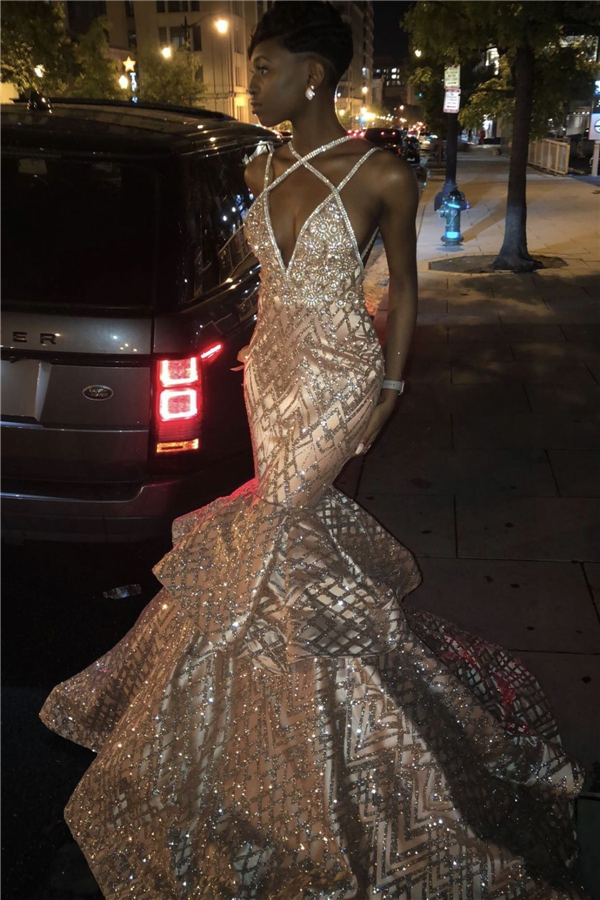 Sexy V-neck Spaghetti Mermaid Sequins Pattern Long Prom Dresses